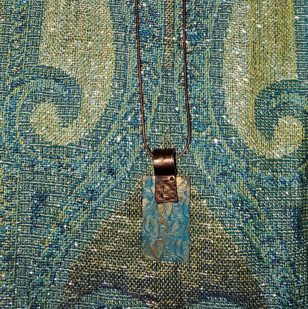 Embossed Teal Blue Flowers~Copper Pendant Necklace